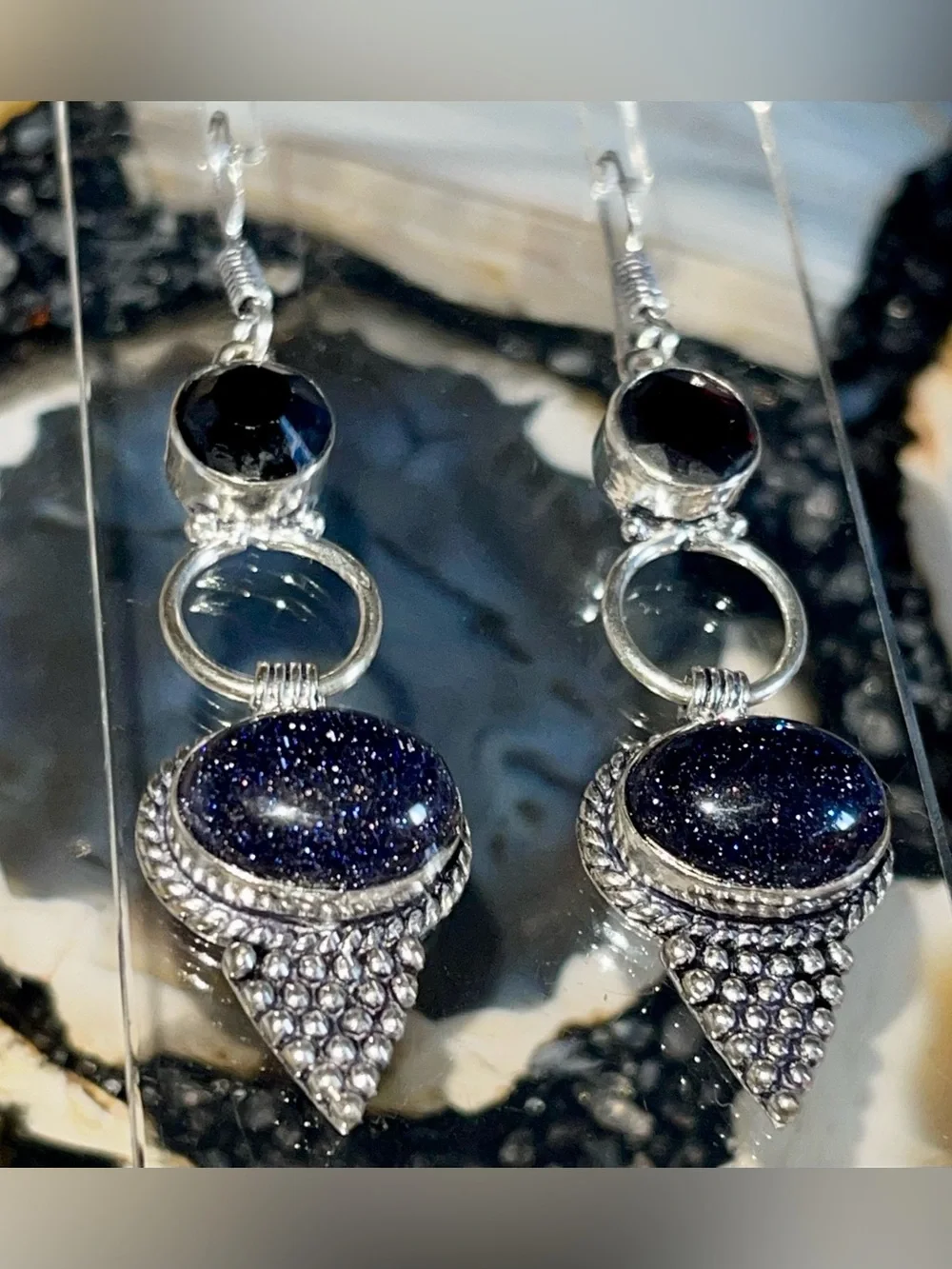 Deep Sparkly Bluestone Sandstone Earrings 2 1/2”